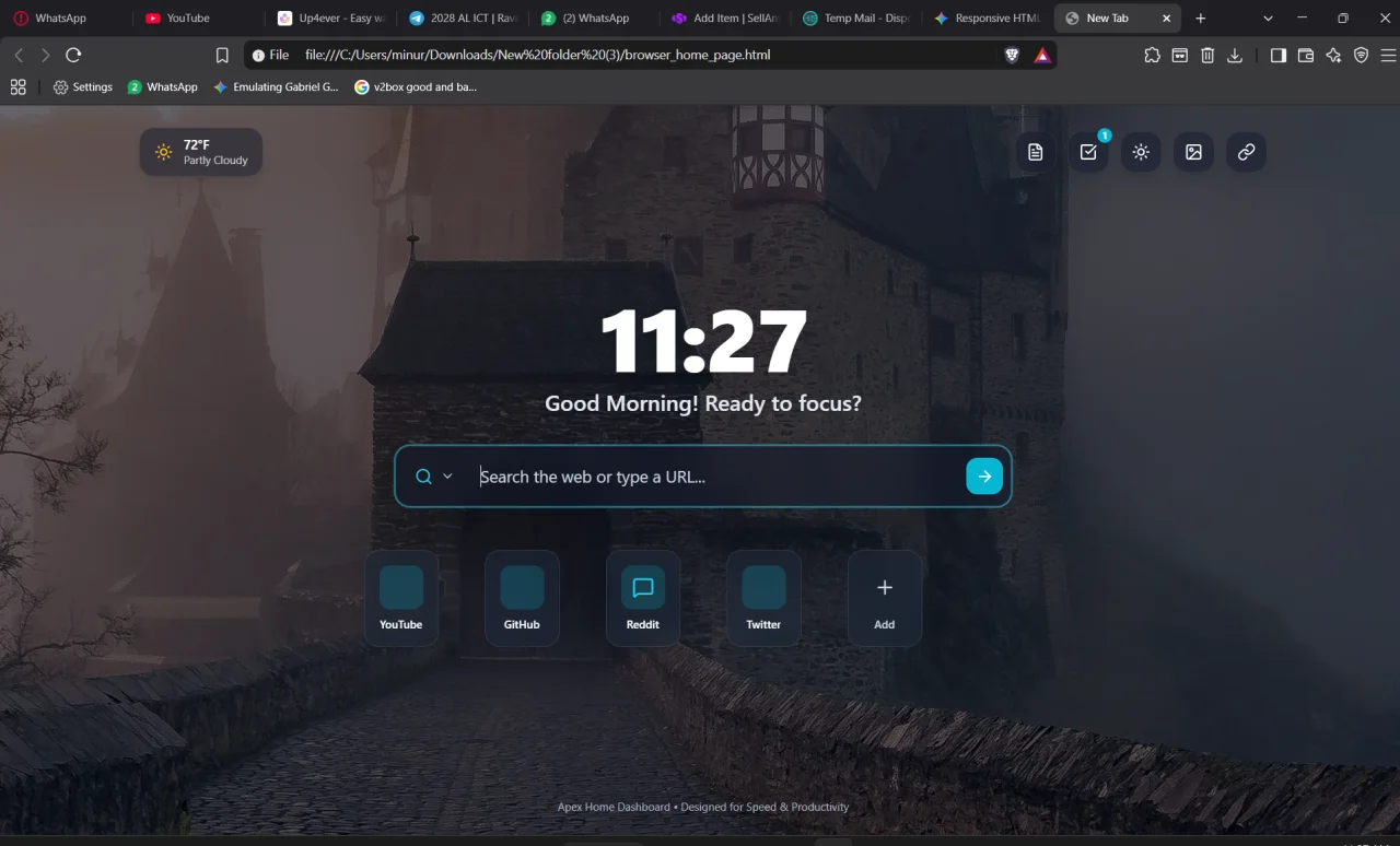Modern HTML Browser Home Page with Widgets & Custom Wallpapers — screenshot 1