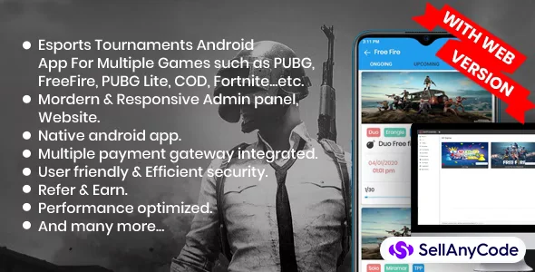 BattleMania with Web Version - Tournament App with Website & Admin Panel for PUBG / Free Fire / COD — cover