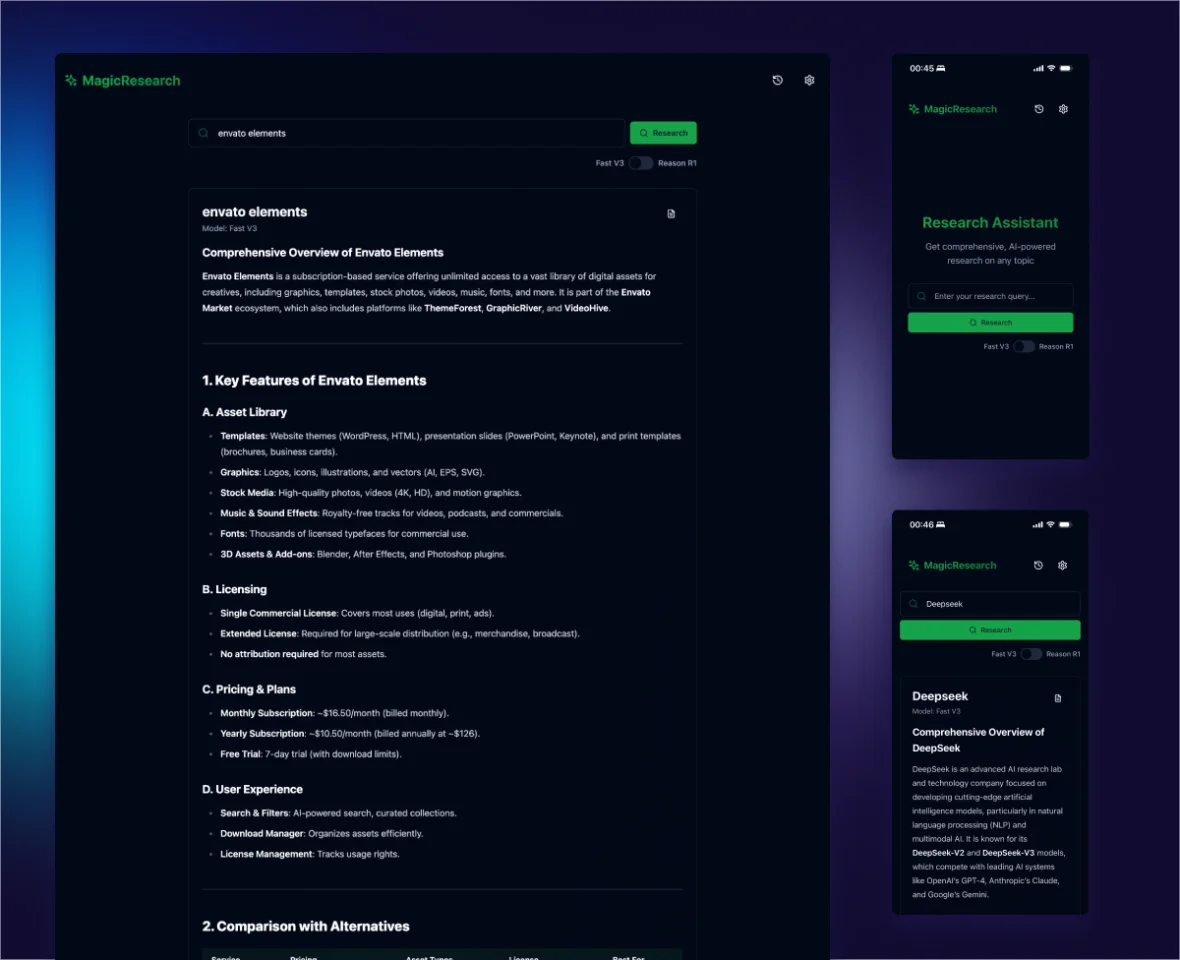 MagicResearch: AI-Powered Research Assistant - v3, R1 Deepseek API, Full App Template, Web App — screenshot 3