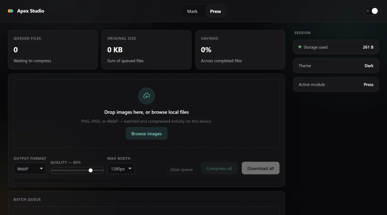 Apex Studio - 2-in-1 Offline Web App (Video Marker & Batch Image Compressor) | Vanilla JS — screenshot 5