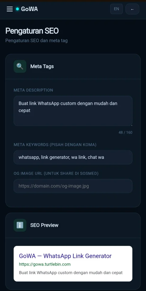 GoWA WhatsApp Link Generator SaaS PHP Script | Multi-Language, Multi-Payment, Admin Panel — screenshot 4