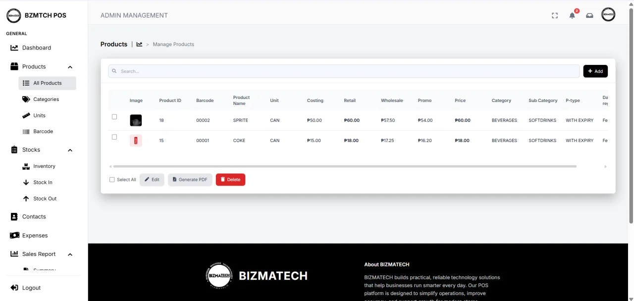 Web-Based Bizmatech POS Management System with Data Analytics — screenshot 2