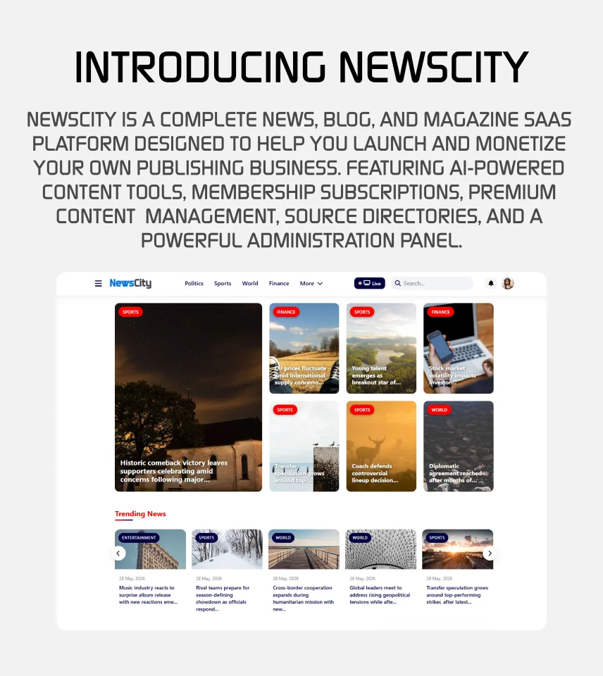 NewsCity - News & Magazine CMS with AI, Memberships, Newsletter Automation & Monetization — screenshot 1