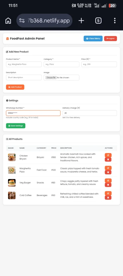 FoodFast WhatsApp Food Ordering System with Admin Panel (PWA) — screenshot 4