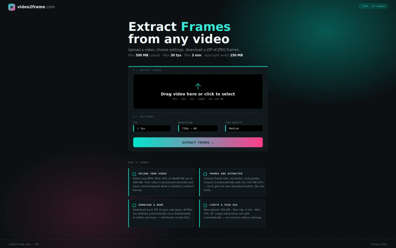 Video Frame Extractor — Hybrid Browser & Server (FastAPI + FFmpeg) — screenshot 1