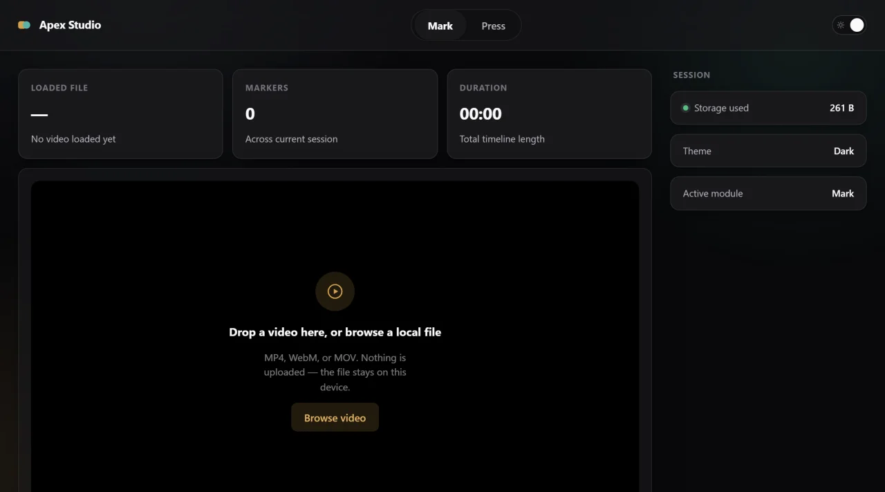 Apex Studio - 2-in-1 Offline Web App (Video Marker & Batch Image Compressor) | Vanilla JS — screenshot 1