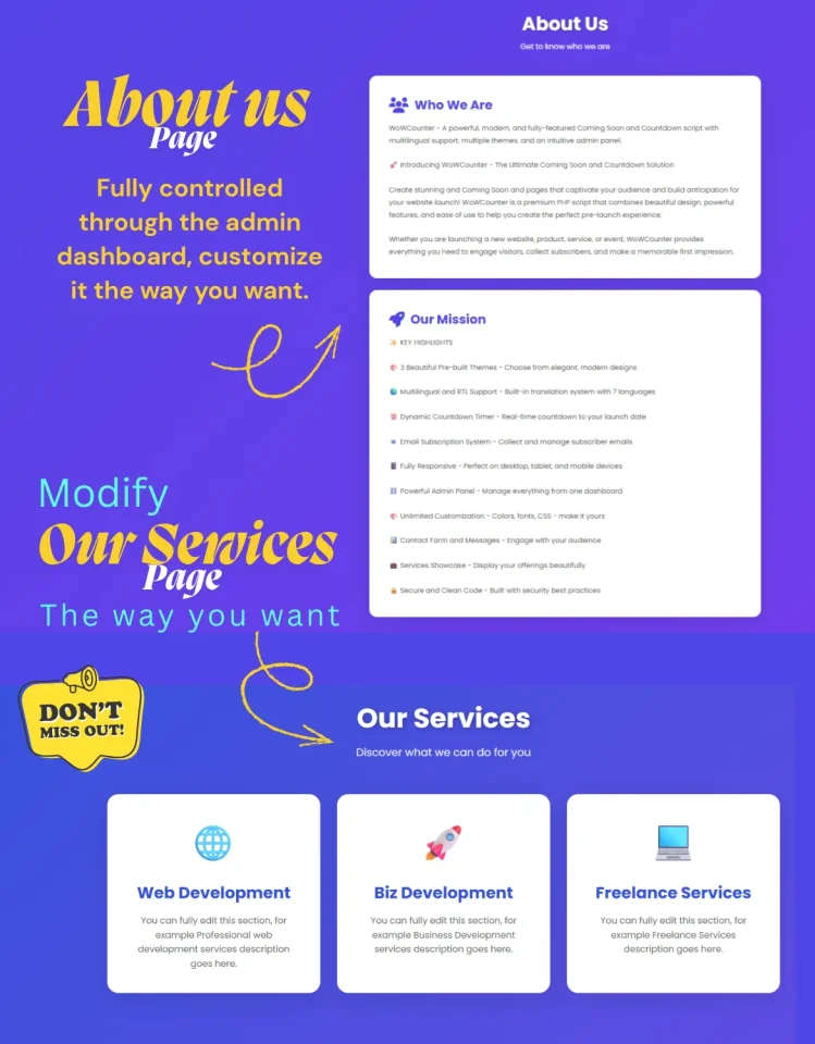 WoWCounter - Coming Soon & Countdown Script with Admin Panel, Analytics and Multilingual RTL — screenshot 2