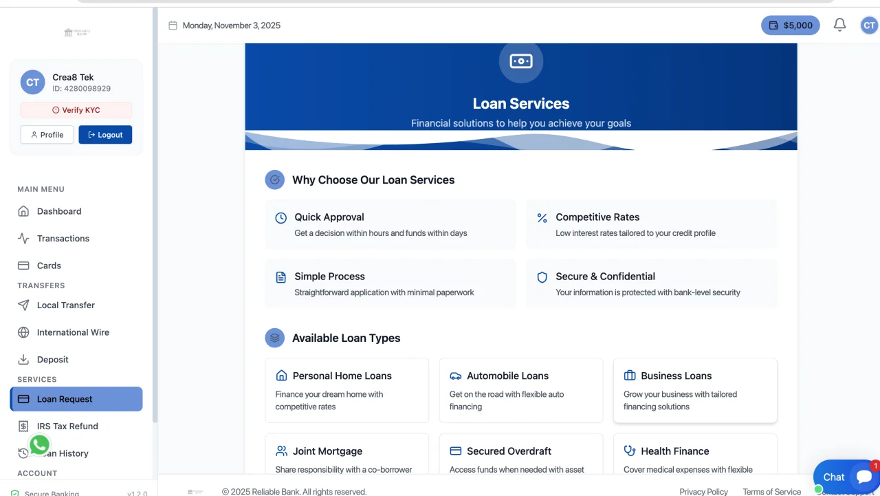 Reliable Bank Website — screenshot 1
