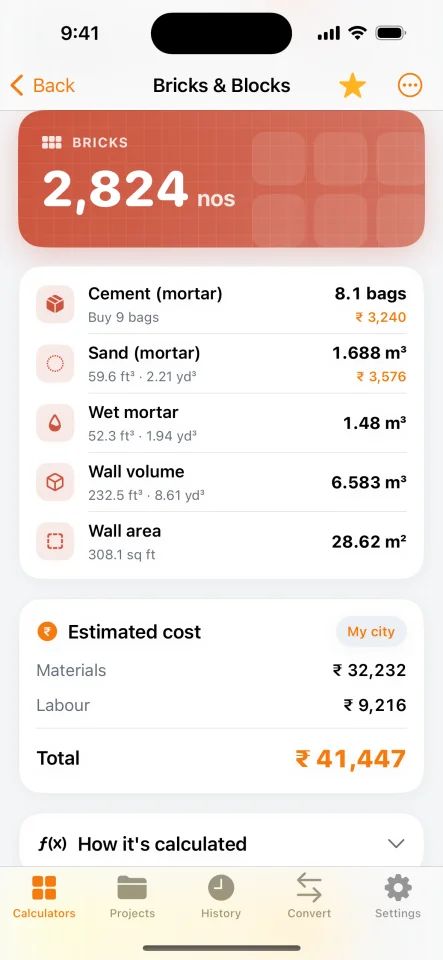 BuildCalc Construction & Material Cost Calculator (iOS SwiftUI) — screenshot 3