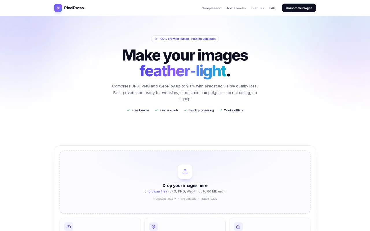 PixelPress - Browser Image Compressor for JPG, PNG & WebP (React + TypeScript) — screenshot 1