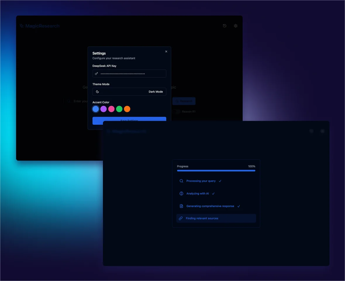 MagicResearch: AI-Powered Research Assistant - v3, R1 Deepseek API, Full App Template, Web App — screenshot 2
