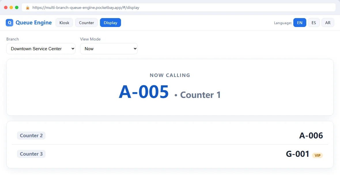 Multi-Branch Queue Engine Ticketing, Calling & Live Display System — screenshot 3