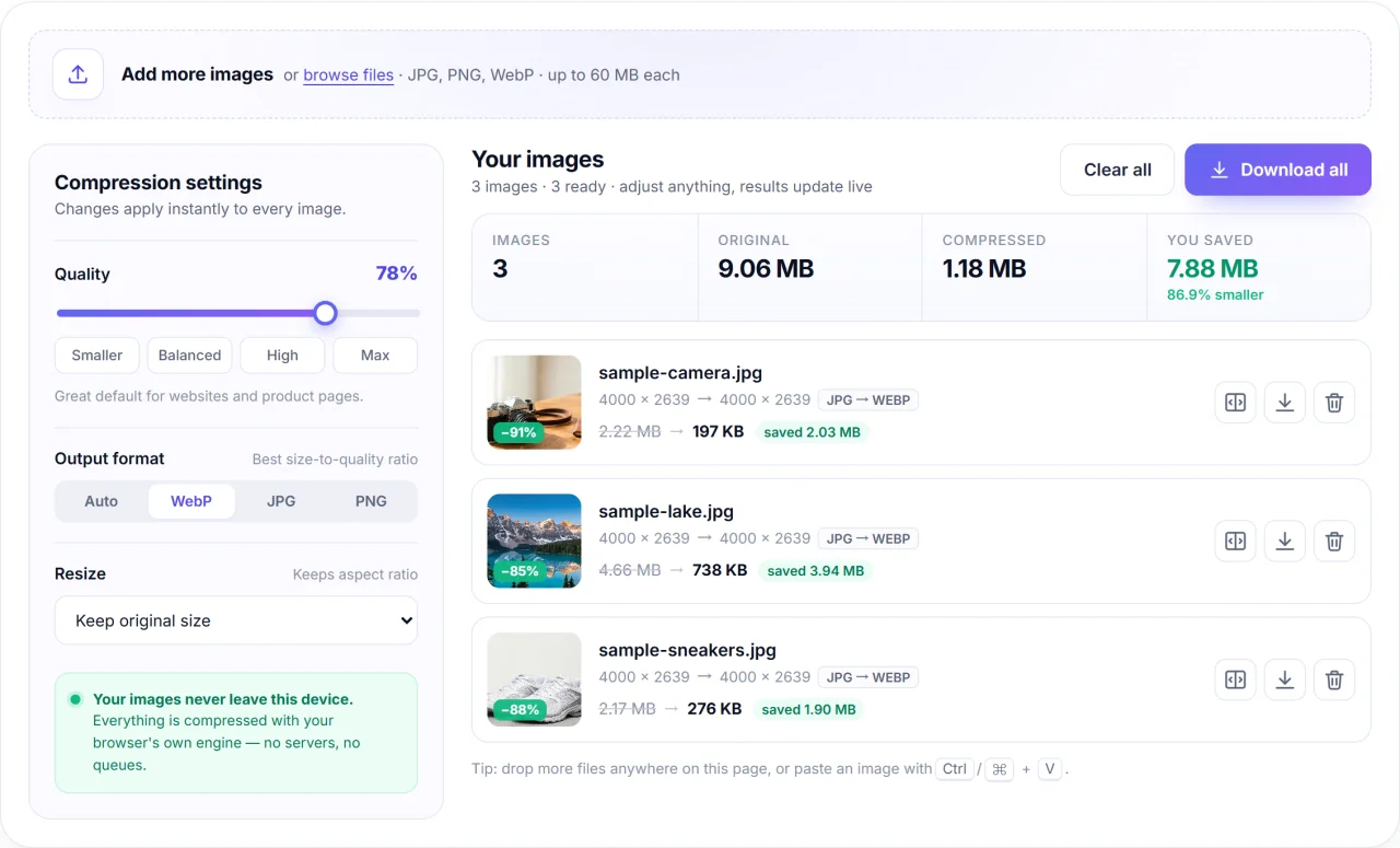 PixelPress - Browser Image Compressor for JPG, PNG & WebP (React + TypeScript) — screenshot 2