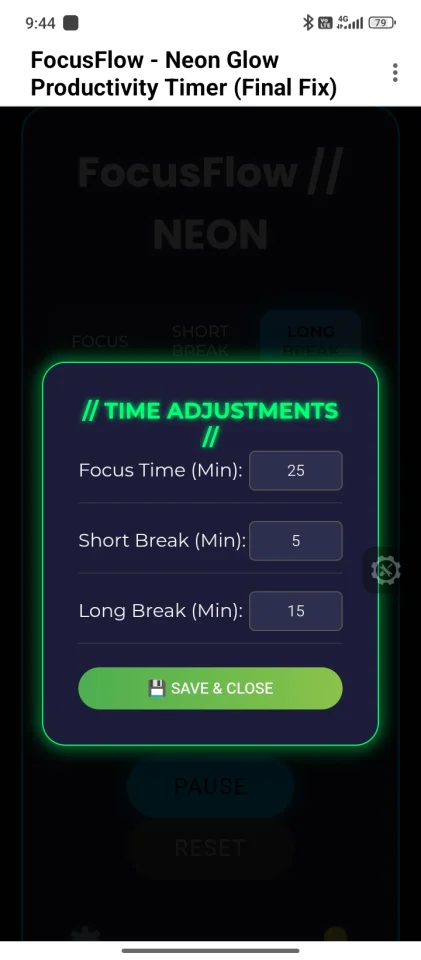 FocusFlow: Neon Glow Pomodoro Timer (HTML/CSS/JS) — screenshot 2