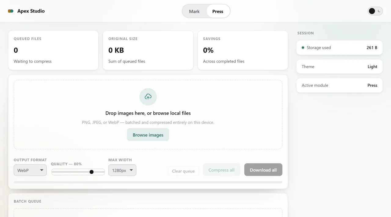 Apex Studio - 2-in-1 Offline Web App (Video Marker & Batch Image Compressor) | Vanilla JS — screenshot 7