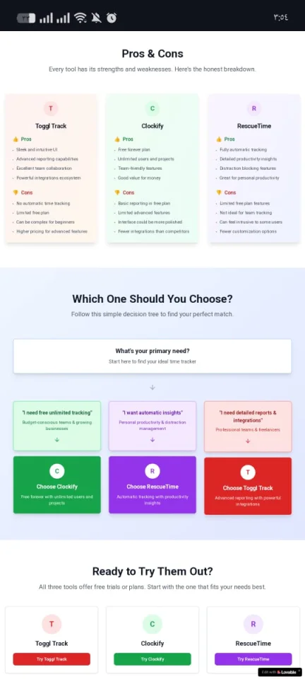 Modern Time Tracking Tools Landing Page Toggl vs Clockify vs RescueTime vs TimeCamp — screenshot 1