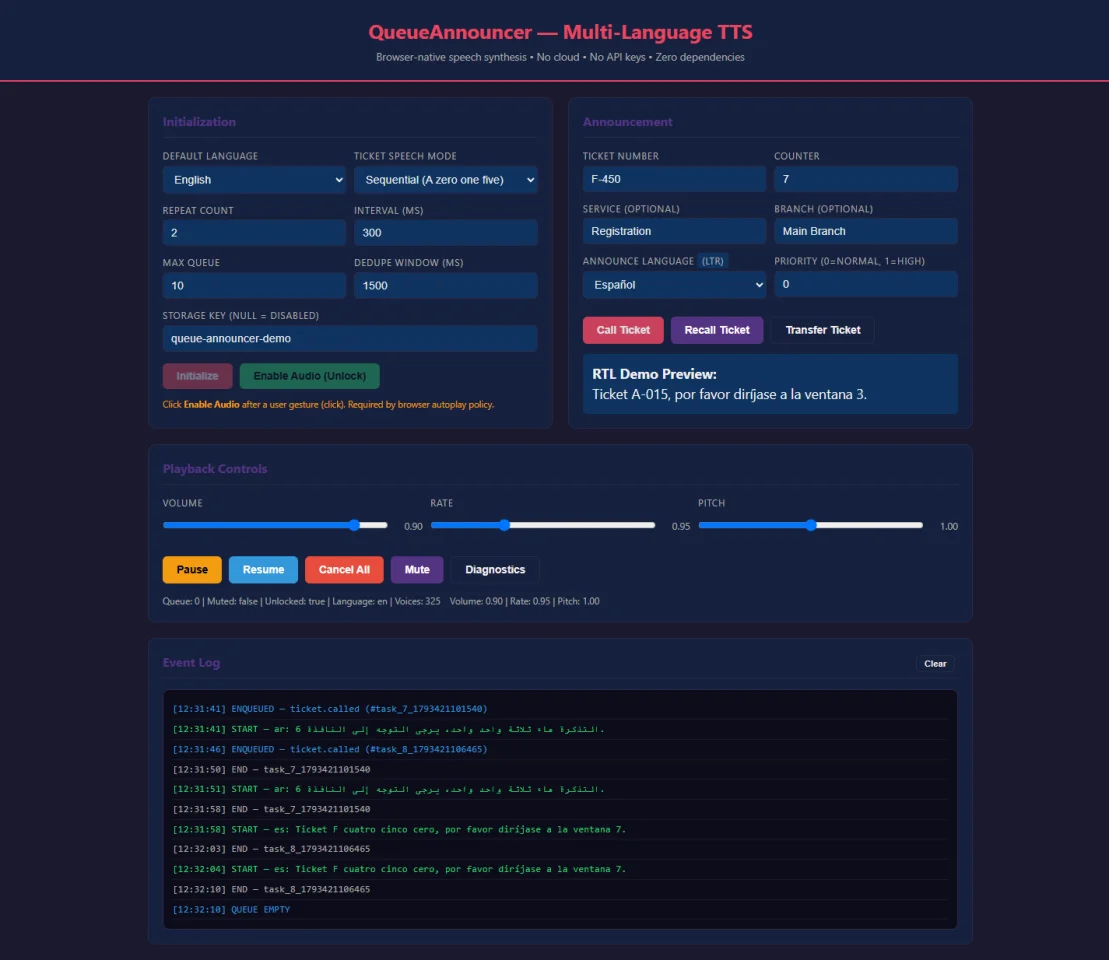 Queue Announcer Multi-Language TTS for Queue Systems — screenshot 3