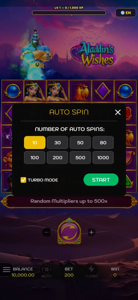 Aladdin Wishes Cascading Slot Game (Cocos Creator 3.8.8, iOS) — screenshot 2