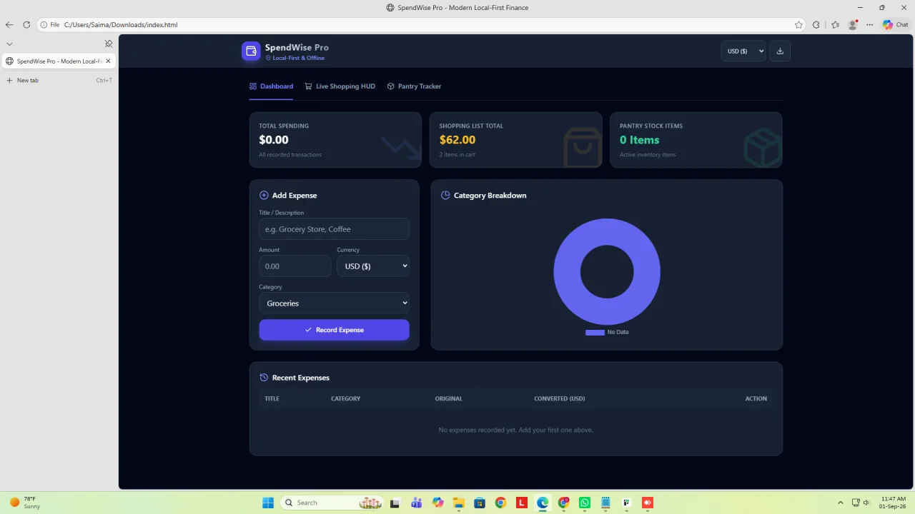 SpendWise Pro - Local First Expense Tracker & Shopping HUD (PWA Web App) — screenshot 5