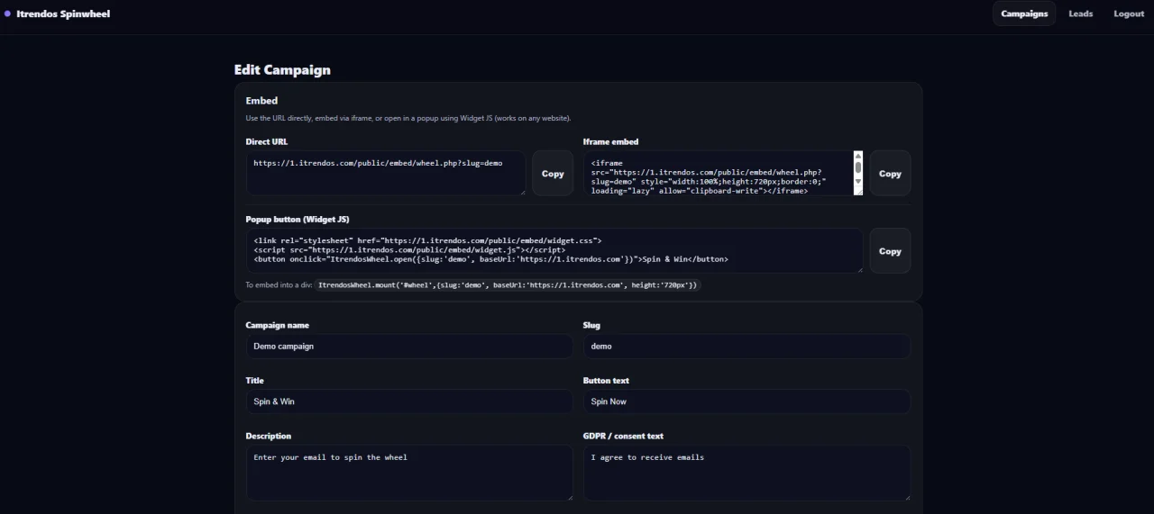 Spin & Win Wheel Email Lead Capture & Conversion Tool (Self-Hosted) — screenshot 4