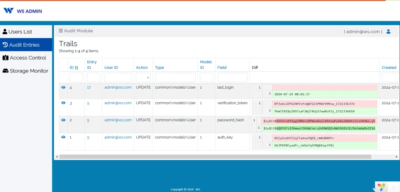 WS Admin Panel - RBAC, USERS Management and AUDIT Entries Monitoring — screenshot 3