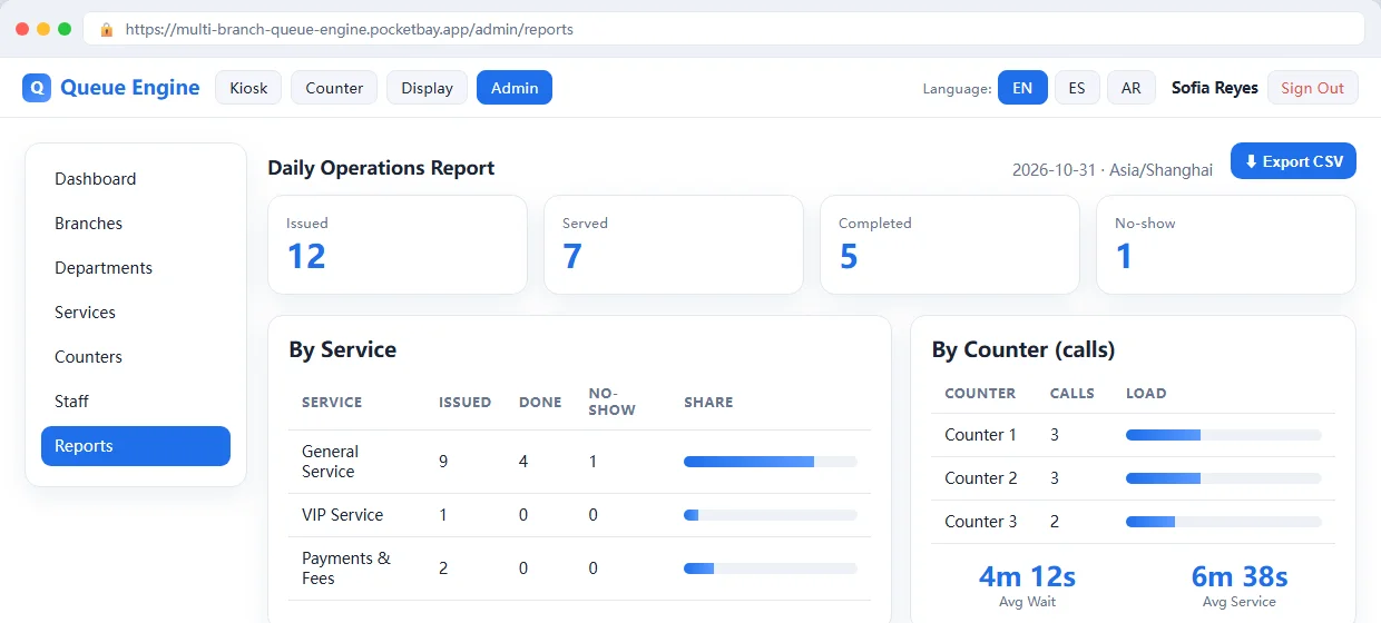 Multi-Branch Queue Engine Ticketing, Calling & Live Display System — screenshot 4