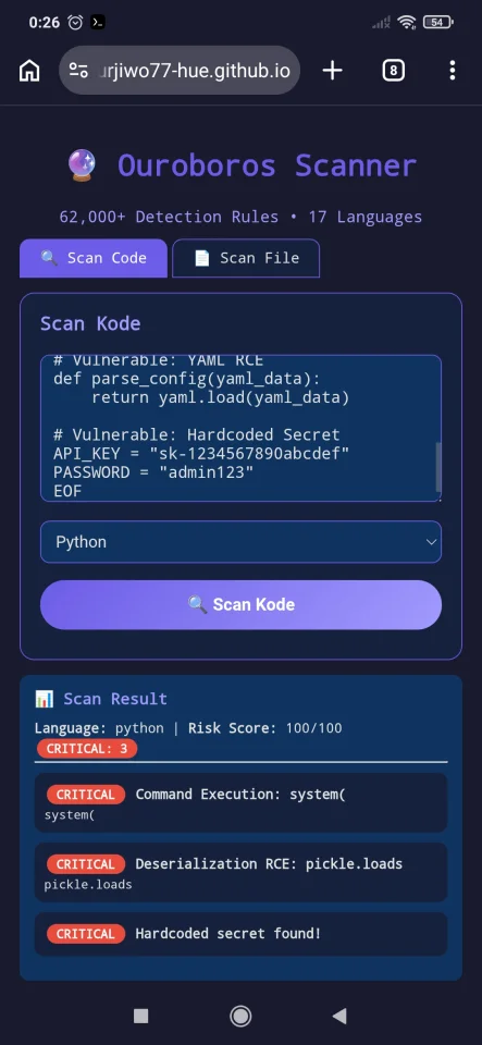 Ouroboros Scanner - AI Code Security (62K+ Rules) — screenshot 2