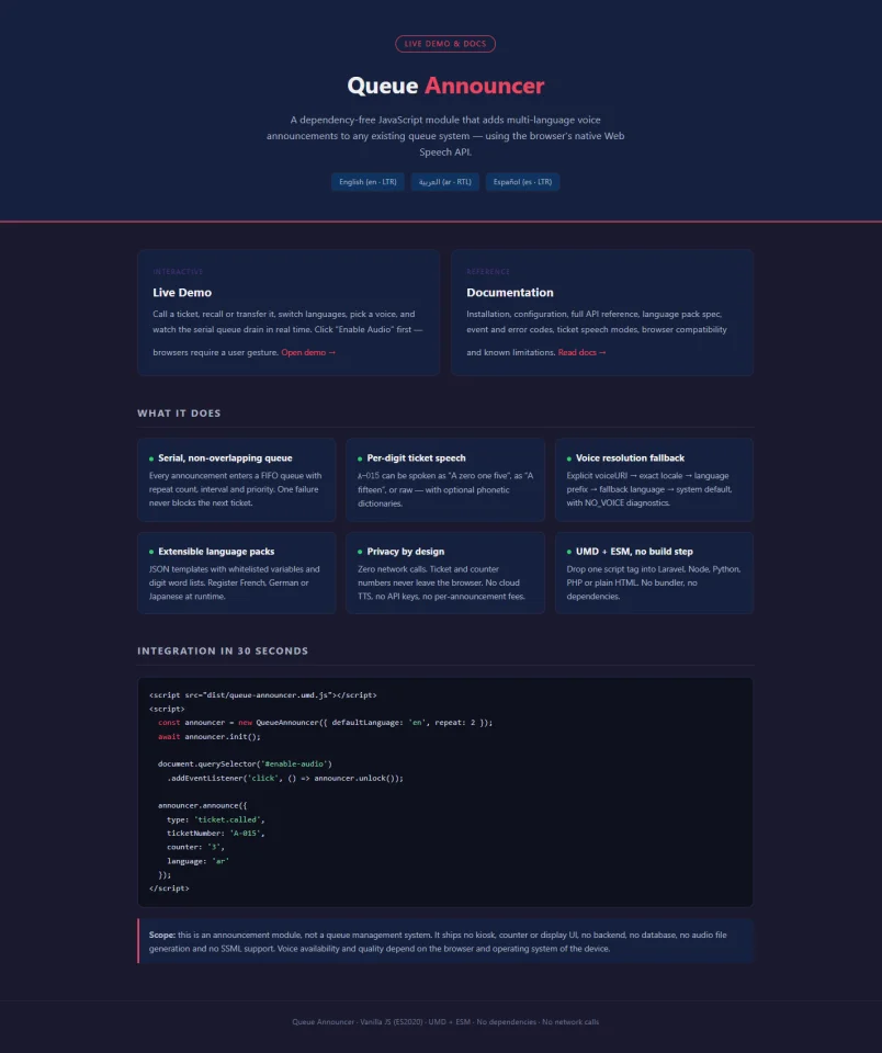 Queue Announcer Multi-Language TTS for Queue Systems — screenshot 1