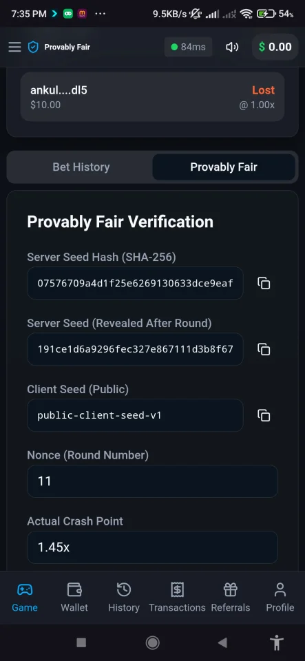 Crash Game Node.js Realtime Engine + Advanced RTP Control + Provably Fair + Referral & Wallet System (Full Admin Panel) — screenshot 6