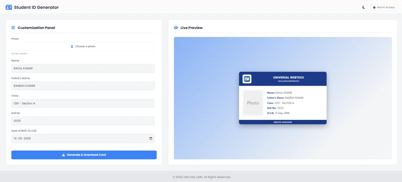 Student ID Card Generator with Admin Customization — screenshot 1
