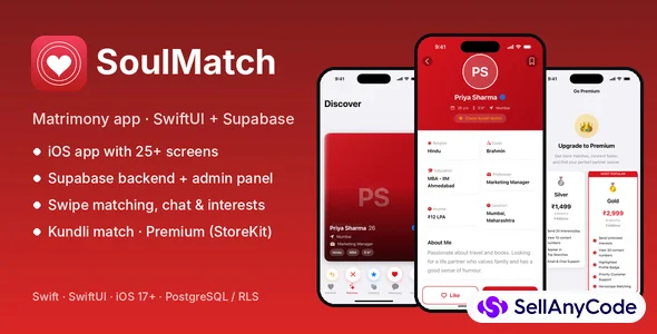 SoulMatch Matrimony App (iOS SwiftUI) + Supabase Backend & Admin Panel — cover