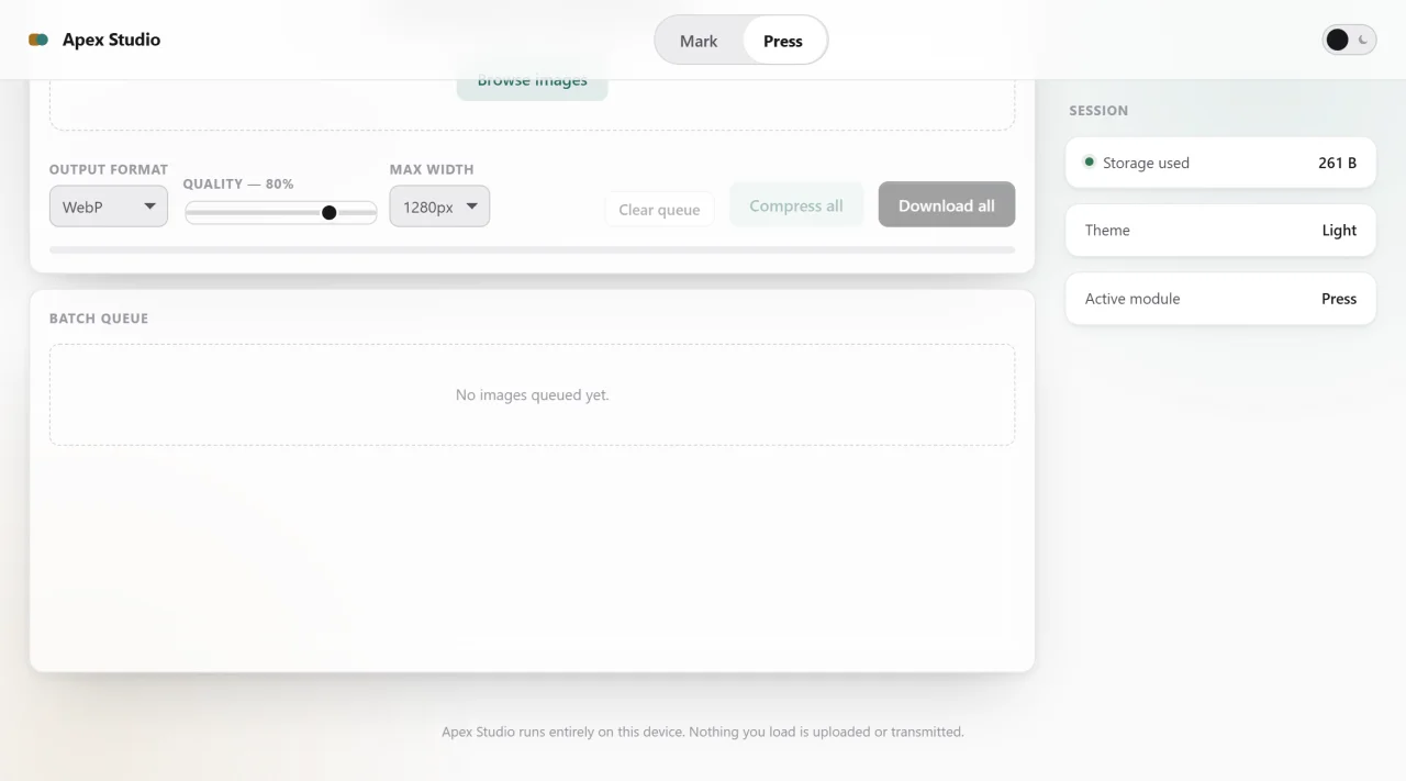 Apex Studio - 2-in-1 Offline Web App (Video Marker & Batch Image Compressor) | Vanilla JS — screenshot 8