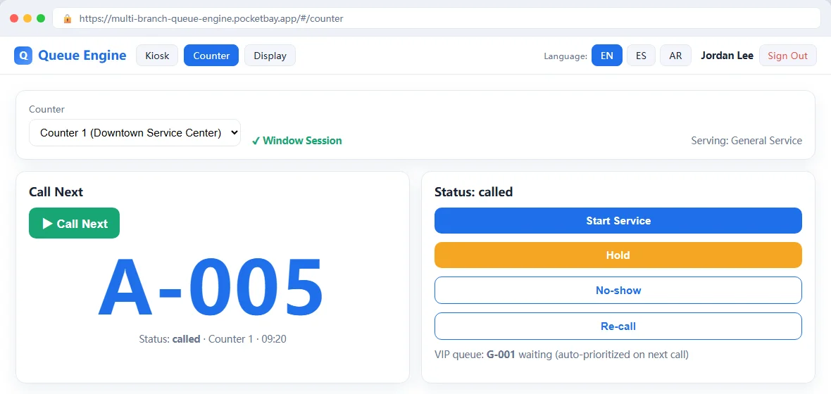 Multi-Branch Queue Engine Ticketing, Calling & Live Display System — screenshot 2