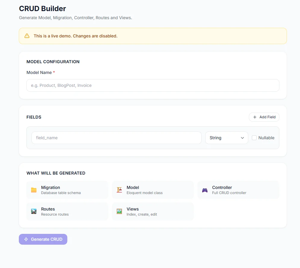 Laravel 12 Admin Panel Starter + File Manager + CRUD Builder + Chat + Calendar — screenshot 4