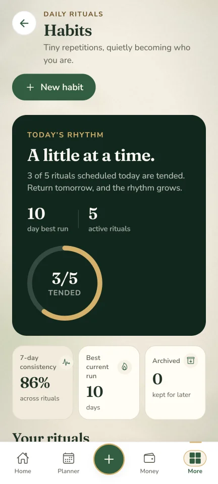 DayBloom Expo + TypeScript habit, planner, money & journal app — screenshot 3