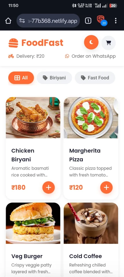 FoodFast WhatsApp Food Ordering System with Admin Panel (PWA) — screenshot 1