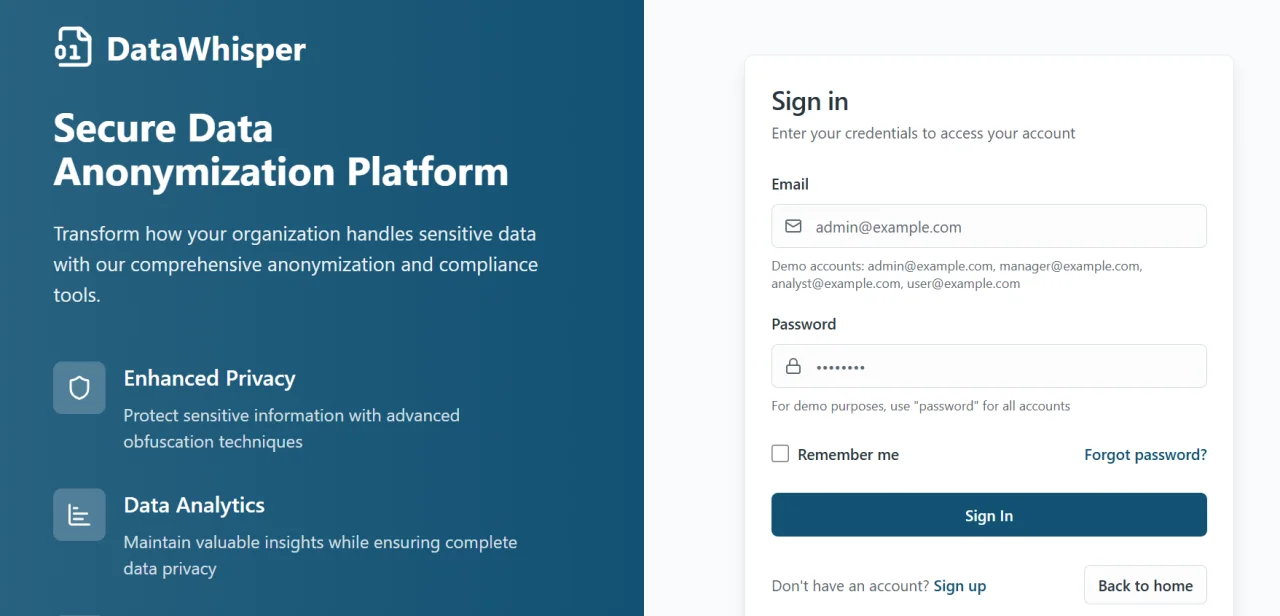 DataWhisper - Secure Data Anonymization Platform — screenshot 1