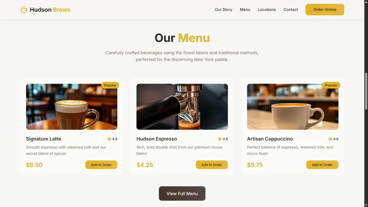 Hudson Brews Premium NYC Coffee Shop Website — screenshot 2