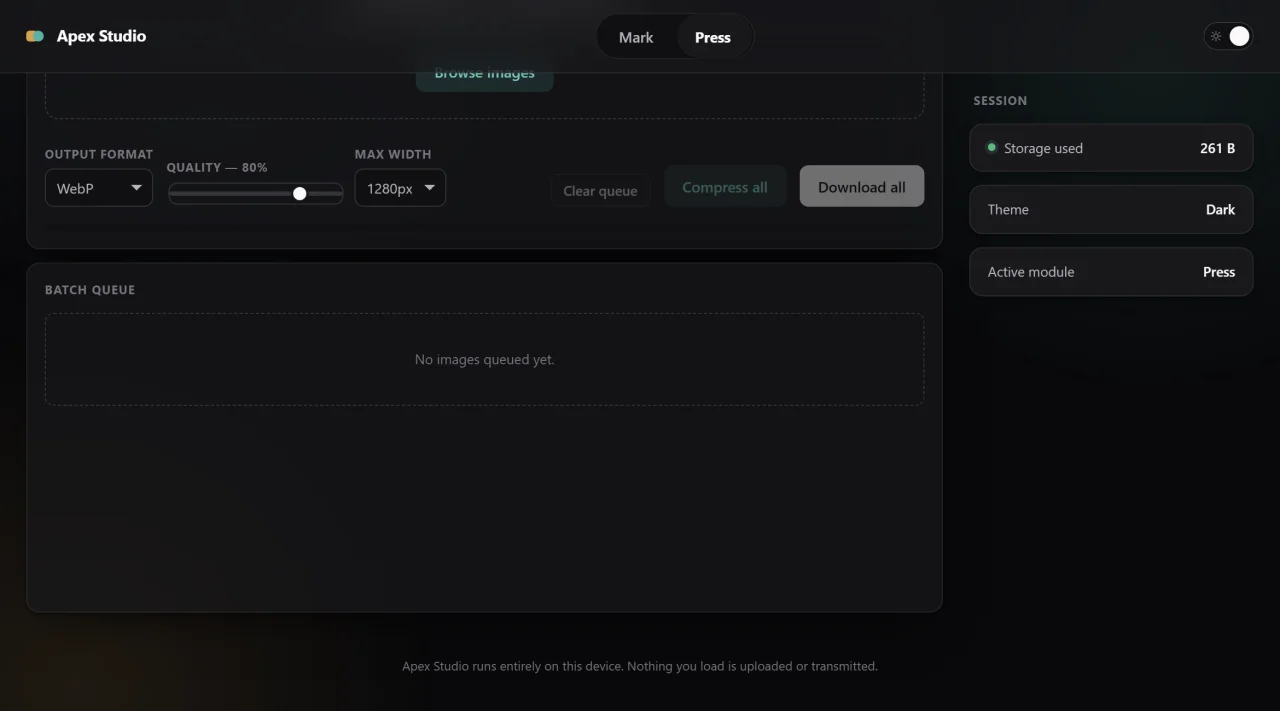 Apex Studio - 2-in-1 Offline Web App (Video Marker & Batch Image Compressor) | Vanilla JS — screenshot 6
