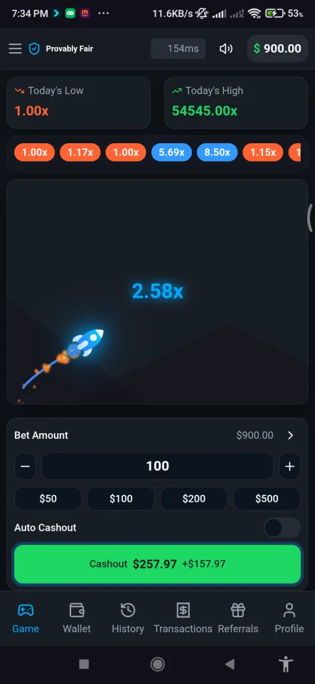 Crash Game Node.js Realtime Engine + Advanced RTP Control + Provably Fair + Referral & Wallet System (Full Admin Panel) — screenshot 1