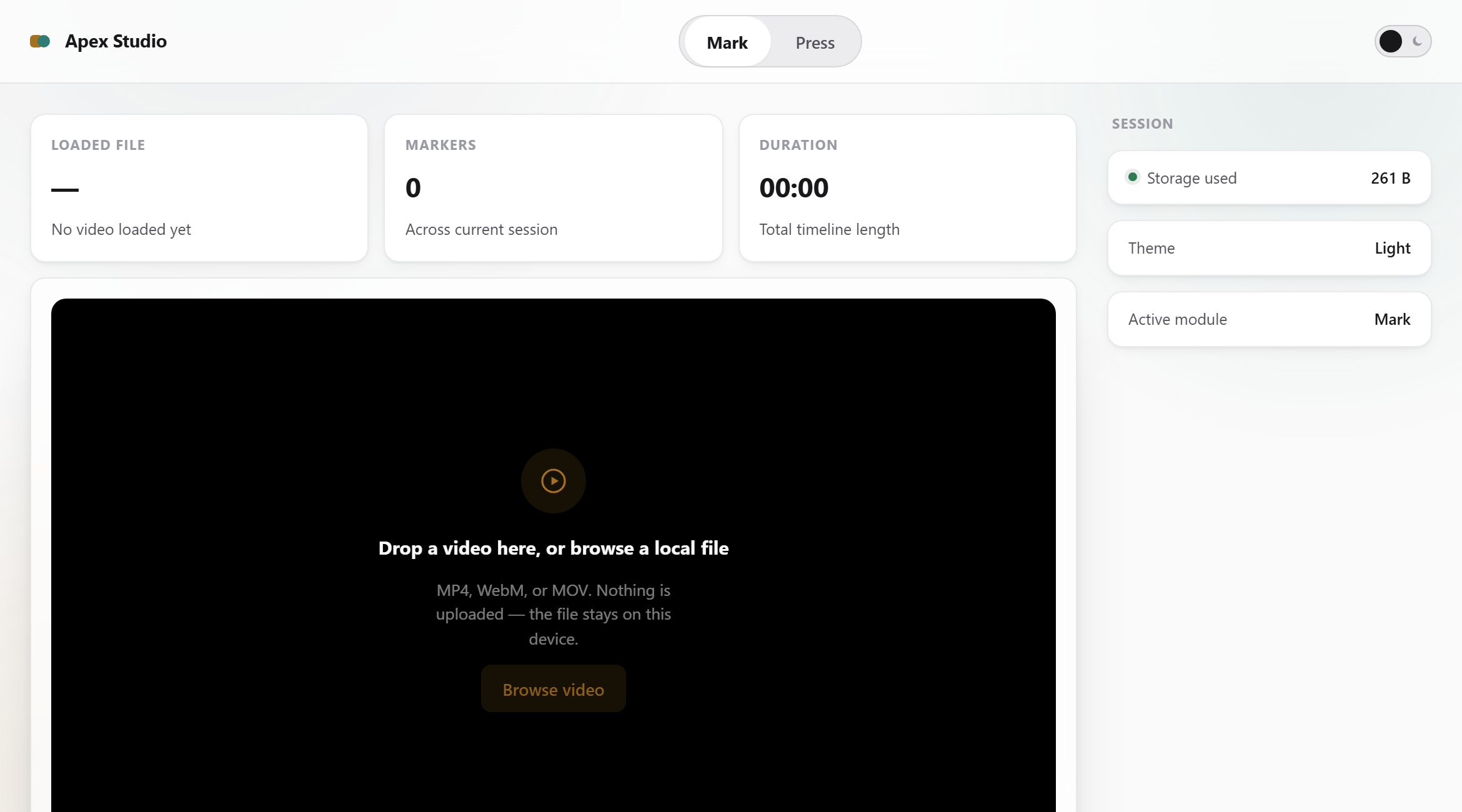 Apex Studio - 2-in-1 Offline Web App (Video Marker & Batch Image Compressor) | Vanilla JS