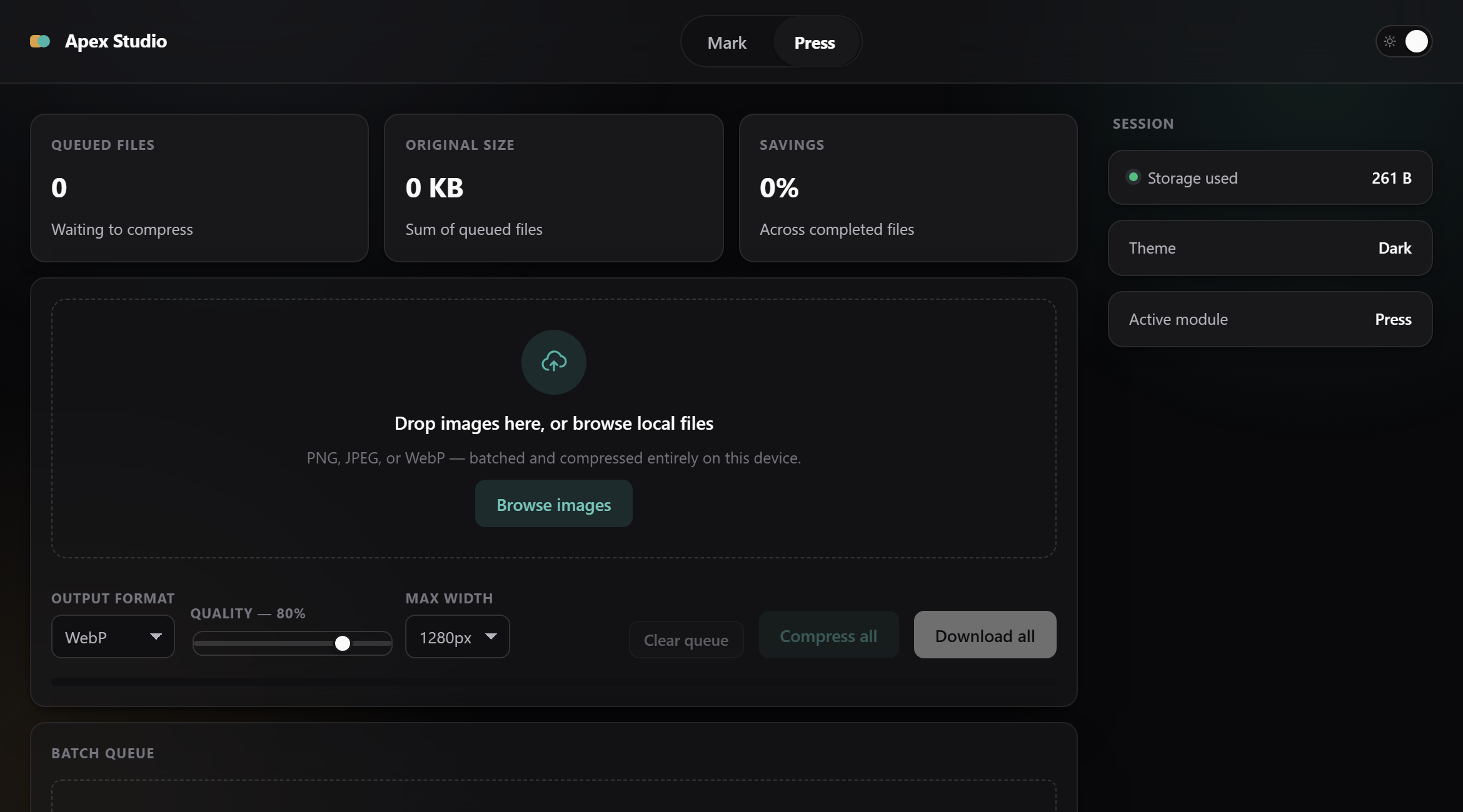 Apex Studio - 2-in-1 Offline Web App (Video Marker & Batch Image Compressor) | Vanilla JS