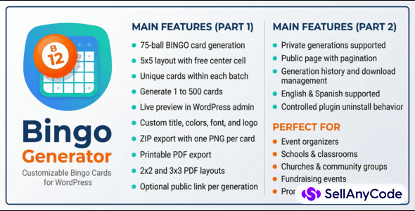 Bingo Generator for WordPress | 75 Ball 5x5 Cards, PDF & ZIP Export, Public Links