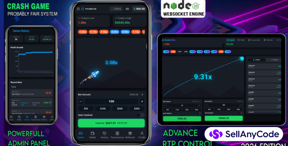 Crash Game Node.js Realtime Engine + Advanced RTP Control + Provably Fair + Referral & Wallet System (Full Admin Panel)