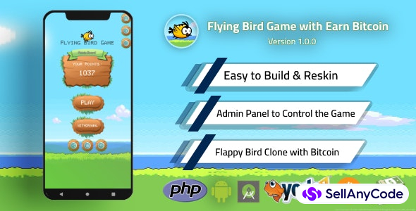 Flying Bird Game - Play to Earn Bitcoin with Admin Panel