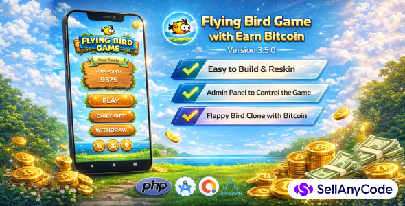 Flying Bird Game - Play to Earn Bitcoin with Admin Panel and Admob