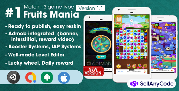Fruit Mania – Match 3 Game Unity Template
