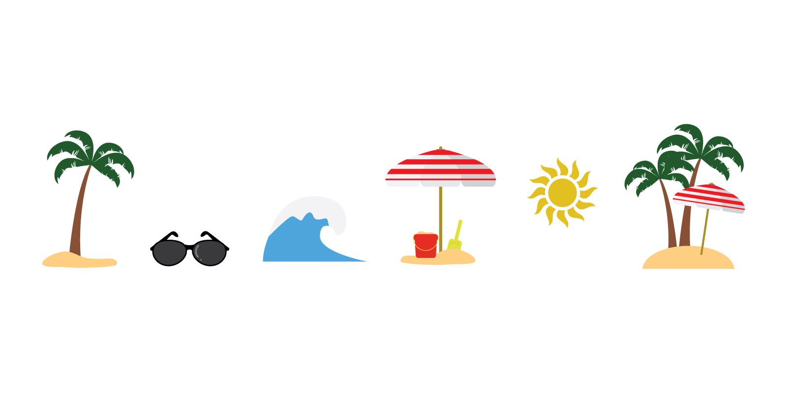 Summer beach icon set, palm tree wave sunglasses umbrella sun silhouettes, tropical vector collection