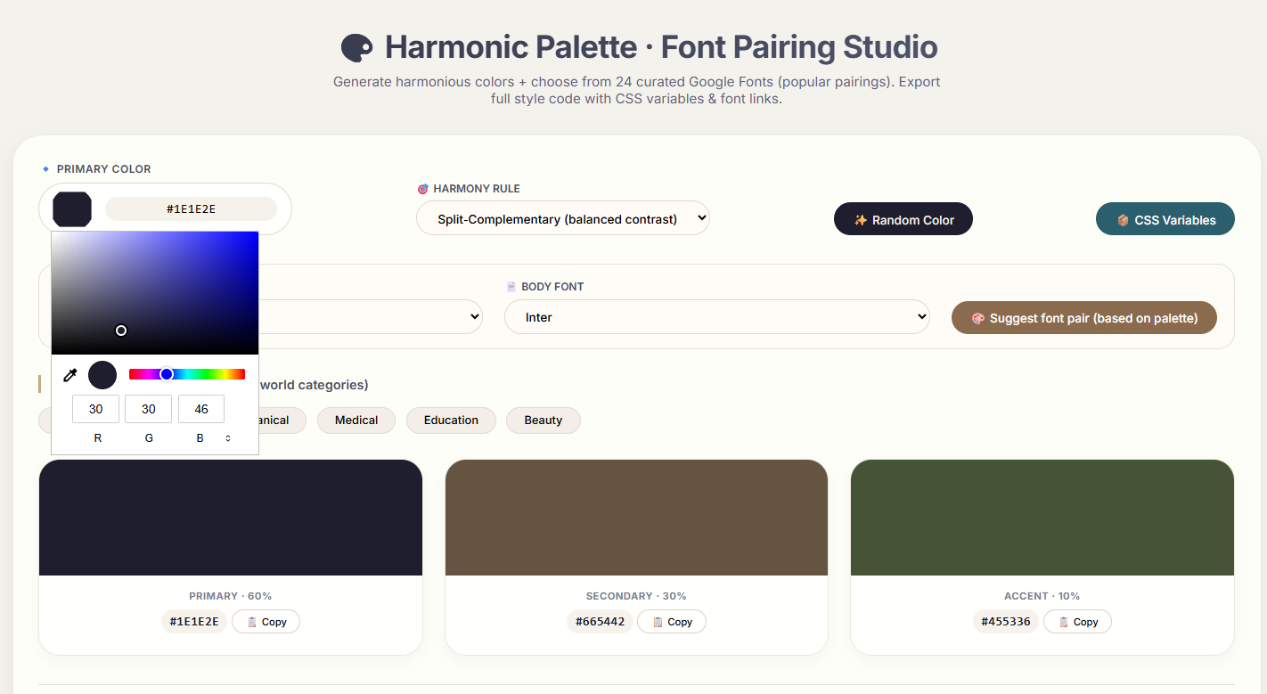 Harmonic Palette Studio Color & Font Tool