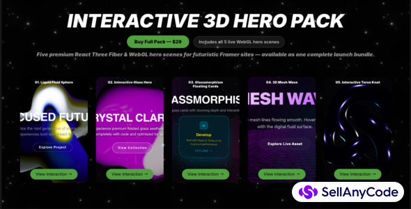 Interactive 3D Hero Pack for Framer | 5 Premium WebGL Scenes